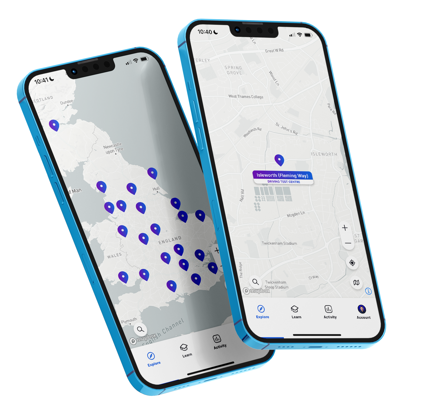 Exam Routes app showing driving test centres across the UK and a local test centre map