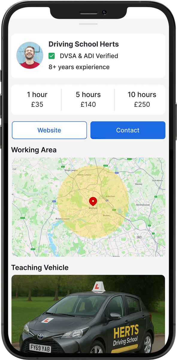 Exam Routes app: an instructor profile with hourly rates and working area