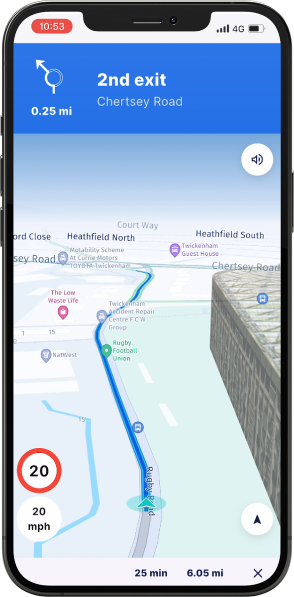 Exam Routes app: turn-by-turn navigation on a real driving test route